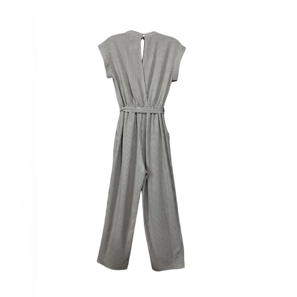 Monteau Los Angeles, V-Neck Striped Jumpsuit With Waist Tie, Small, White, Grey - Picture 7 of 9